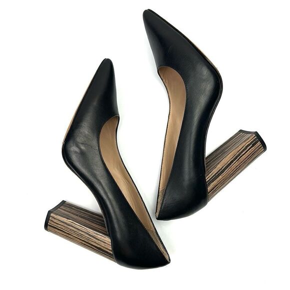 Pour La Victoire Black Leather Pointy Toe Pumps High Striped Block Heels sz 8,5 - Picture 8 of 14